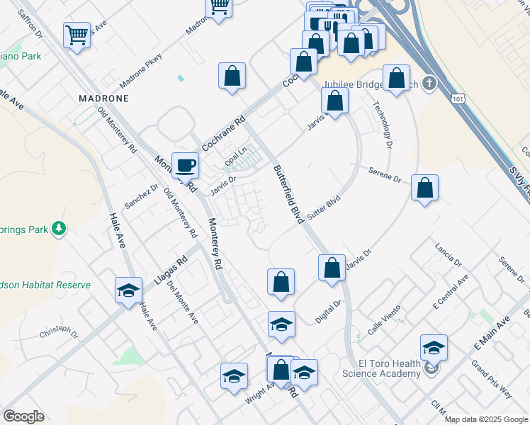map of restaurants, bars, coffee shops, grocery stores, and more near 18310 Palomares Lane in Morgan Hill