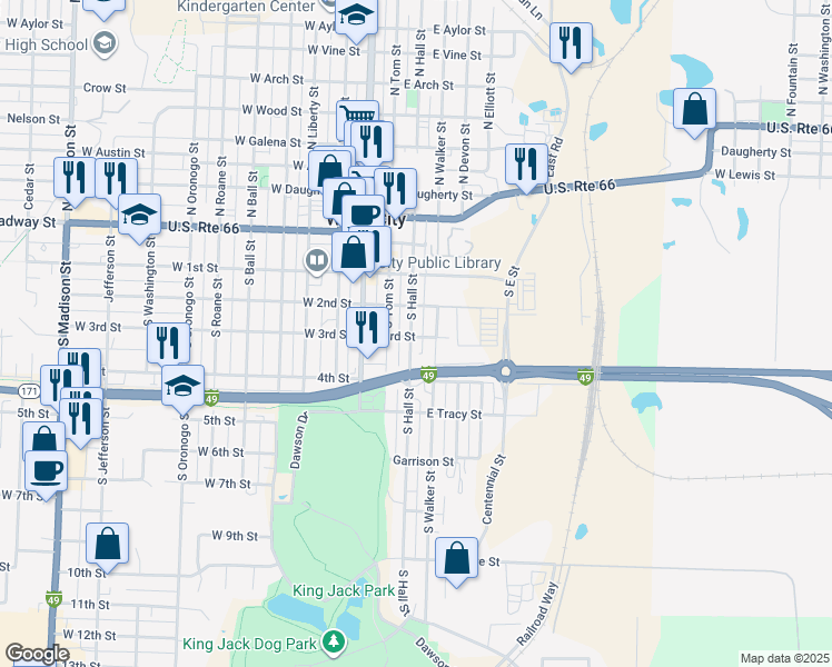 map of restaurants, bars, coffee shops, grocery stores, and more near 303 East 3rd Street in Webb City