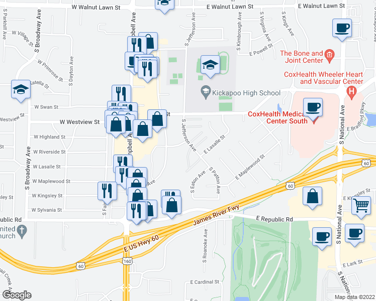 map of restaurants, bars, coffee shops, grocery stores, and more near 38 Deanne Circle in Springfield
