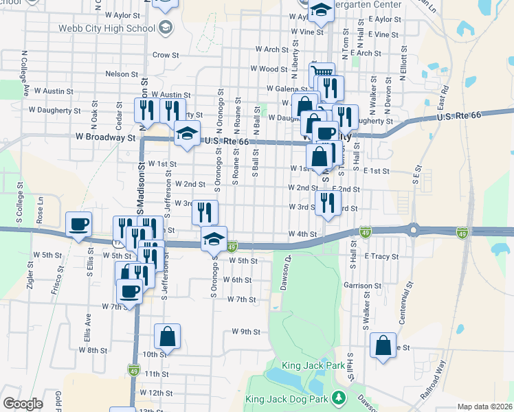 map of restaurants, bars, coffee shops, grocery stores, and more near 421 W 3rd St in Webb City
