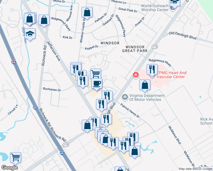 map of restaurants, bars, coffee shops, grocery stores, and more near 716 River Rock Way in Newport News