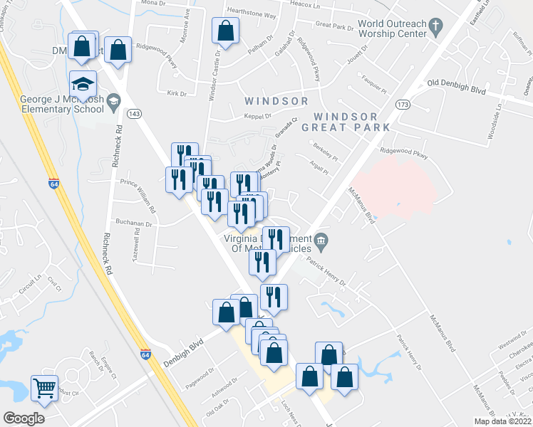 map of restaurants, bars, coffee shops, grocery stores, and more near 718 River Rock Way in Newport News