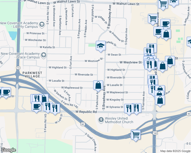 map of restaurants, bars, coffee shops, grocery stores, and more near 3927 South Parkcrest Avenue in Springfield