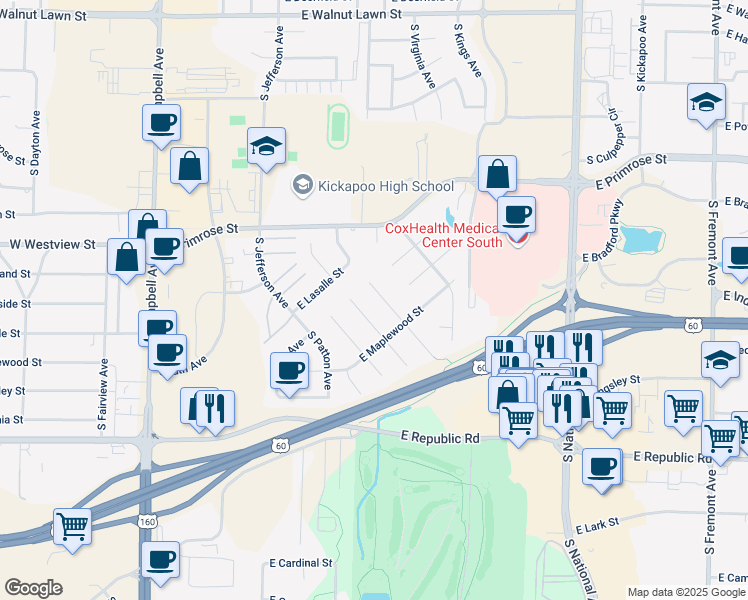 map of restaurants, bars, coffee shops, grocery stores, and more near 3917 South Belvedere Court in Springfield