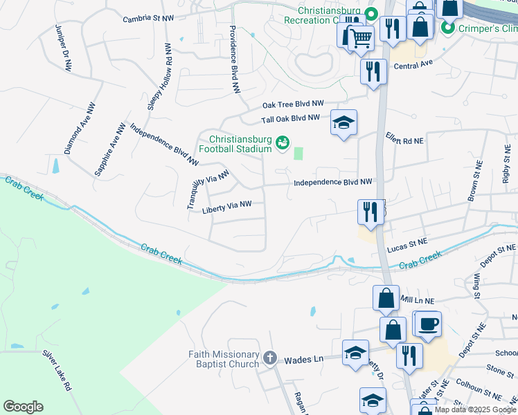 map of restaurants, bars, coffee shops, grocery stores, and more near 425 Liberty Via Northwest in Christiansburg