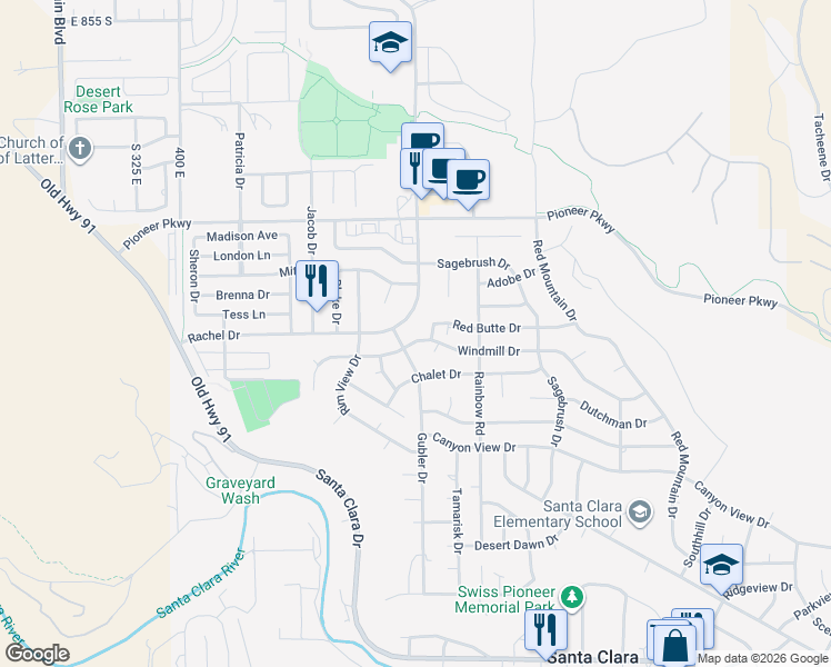 map of restaurants, bars, coffee shops, grocery stores, and more near 3612 Windmill Dr in Santa Clara