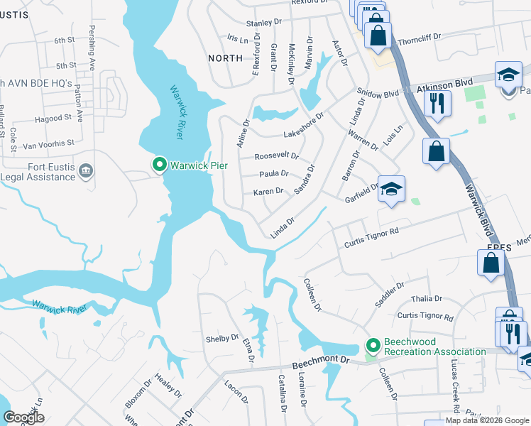 map of restaurants, bars, coffee shops, grocery stores, and more near 68 Sandra Drive in Newport News