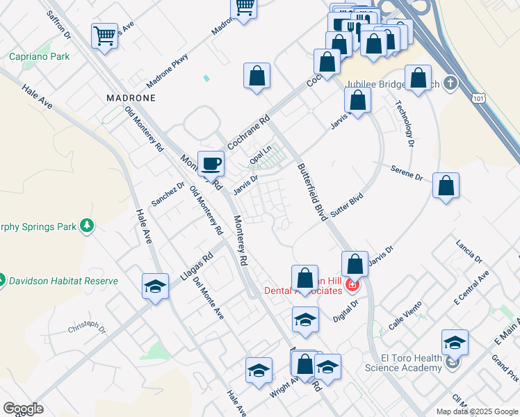map of restaurants, bars, coffee shops, grocery stores, and more near 18545 Monterey Road in Morgan Hill