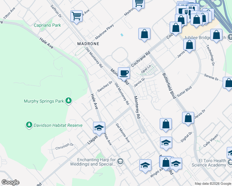 map of restaurants, bars, coffee shops, grocery stores, and more near 18445 Old Monterey Road in Morgan Hill