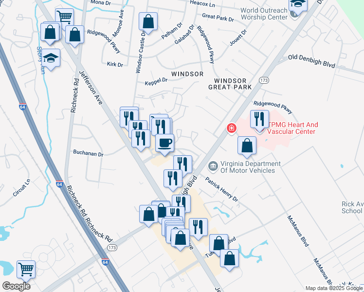 map of restaurants, bars, coffee shops, grocery stores, and more near 718 River Rock Way in Newport News