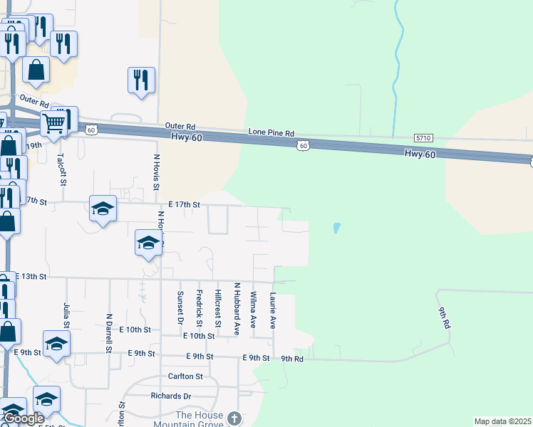 map of restaurants, bars, coffee shops, grocery stores, and more near 16060 Wilma Street in Mountain Grove