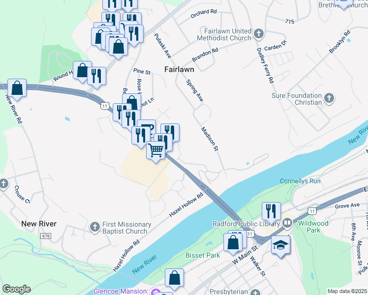 map of restaurants, bars, coffee shops, grocery stores, and more near 7459 Lee Highway in Fairlawn