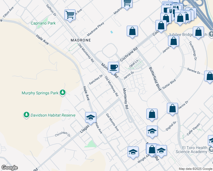map of restaurants, bars, coffee shops, grocery stores, and more near 18455 Old Monterey Road in Morgan Hill