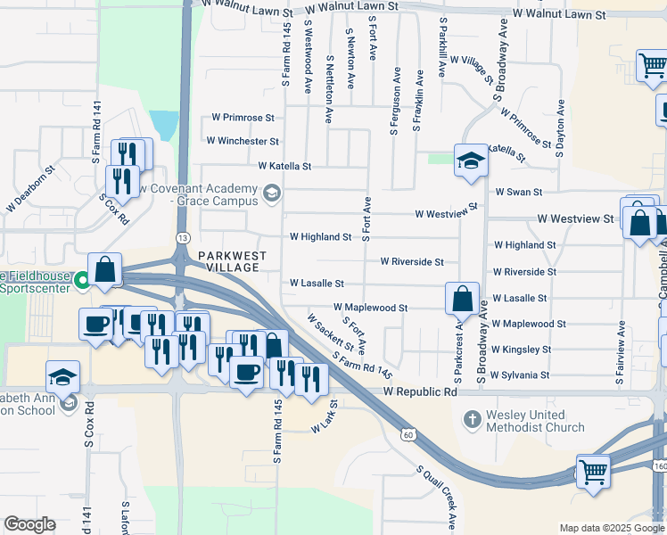map of restaurants, bars, coffee shops, grocery stores, and more near 1410 West Riverside Street in Springfield