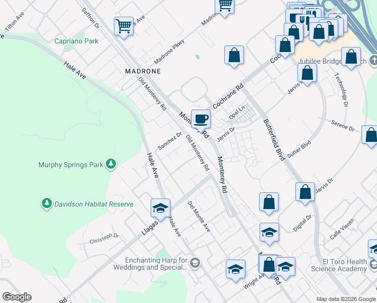 map of restaurants, bars, coffee shops, grocery stores, and more near 18445 Old Monterey Road in Morgan Hill