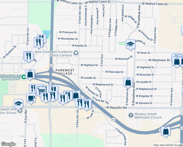 map of restaurants, bars, coffee shops, grocery stores, and more near 1410 West Riverside Street in Springfield