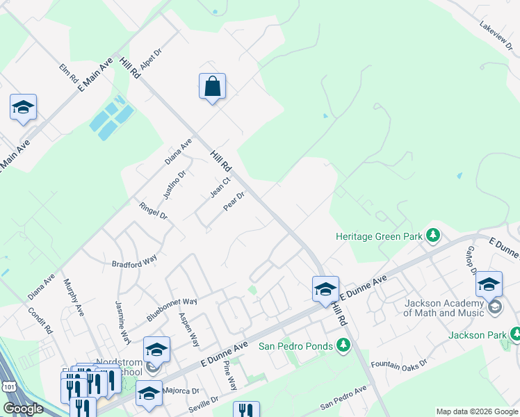 map of restaurants, bars, coffee shops, grocery stores, and more near 17285 Hill Road in Morgan Hill