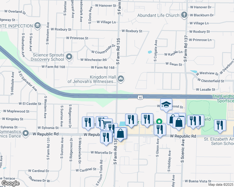 map of restaurants, bars, coffee shops, grocery stores, and more near 3999 South Farm Road 135 in Springfield