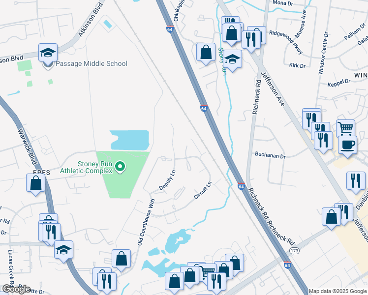 map of restaurants, bars, coffee shops, grocery stores, and more near 305 Circuit Lane in Newport News