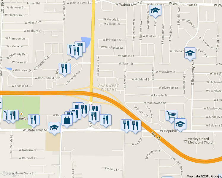 map of restaurants, bars, coffee shops, grocery stores, and more near 1652 West Riverside Street in Springfield