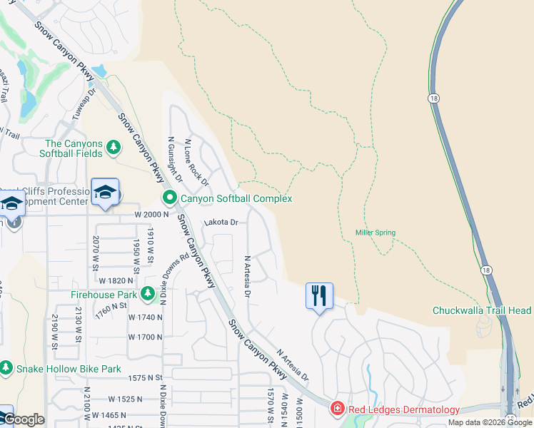 map of restaurants, bars, coffee shops, grocery stores, and more near 1986 North Cascade Canyon Drive in St. George