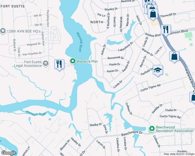 map of restaurants, bars, coffee shops, grocery stores, and more near 105 Linda Dr in Newport News