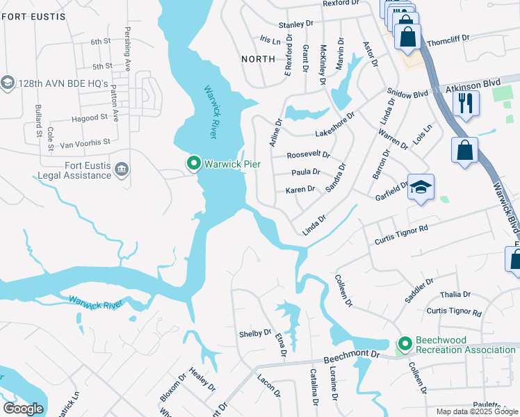 map of restaurants, bars, coffee shops, grocery stores, and more near 105 Linda Dr in Newport News