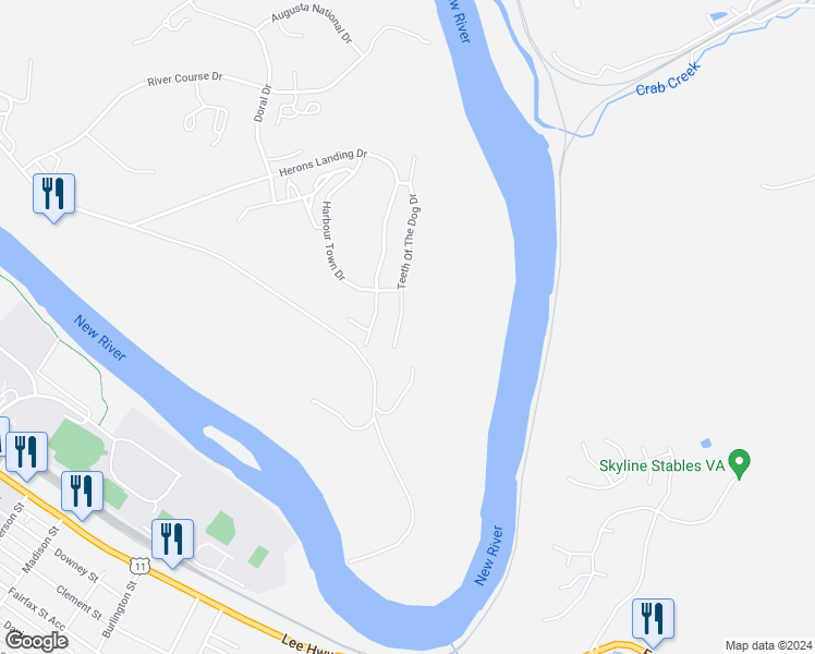 map of restaurants, bars, coffee shops, grocery stores, and more near 6436 Teeth Of The Dog Drive in Radford