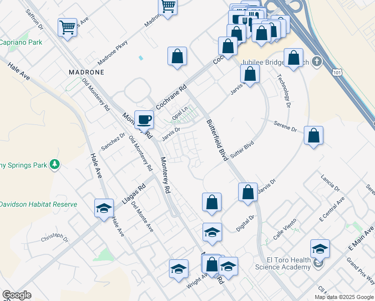 map of restaurants, bars, coffee shops, grocery stores, and more near 227 Jarvis Drive in Morgan Hill