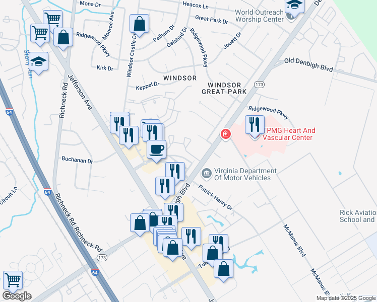 map of restaurants, bars, coffee shops, grocery stores, and more near 714 River Rock Way in Newport News