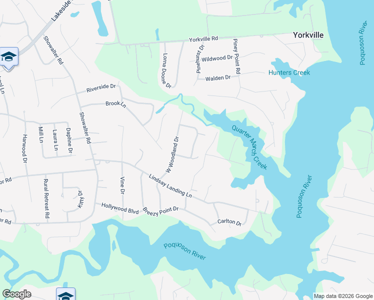 map of restaurants, bars, coffee shops, grocery stores, and more near 603 East Woodland Drive in Yorktown
