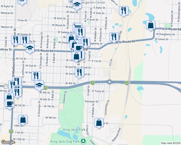 map of restaurants, bars, coffee shops, grocery stores, and more near 303 E 3rd St in Webb City
