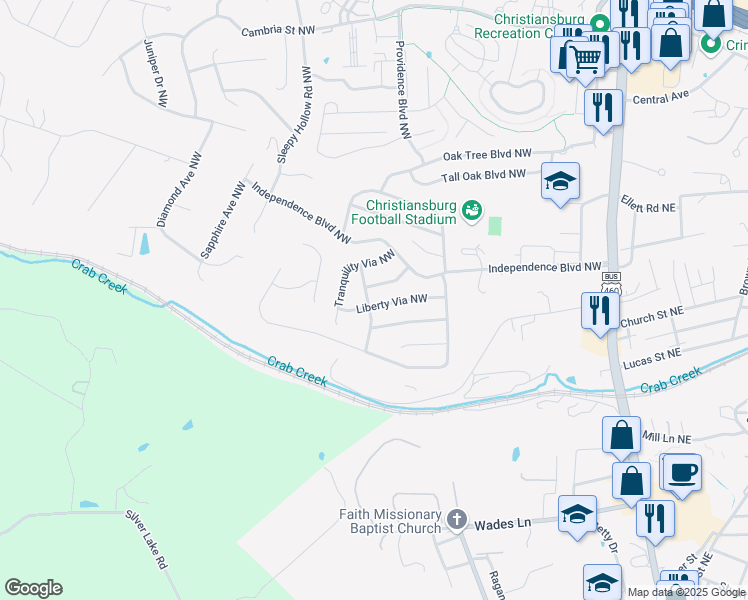 map of restaurants, bars, coffee shops, grocery stores, and more near 680 Liberty Via Northwest in Christiansburg