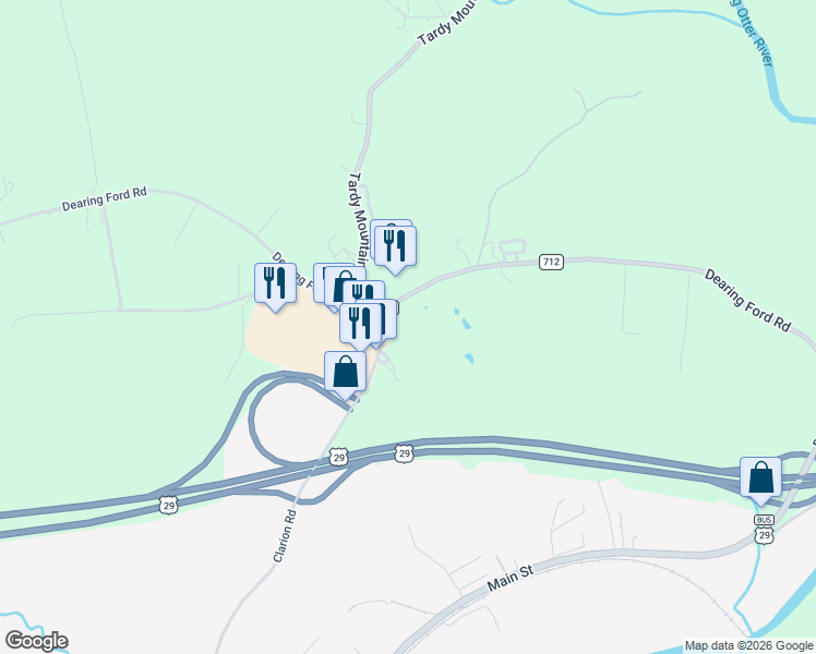 map of restaurants, bars, coffee shops, grocery stores, and more near 26 Clarion Road in Altavista
