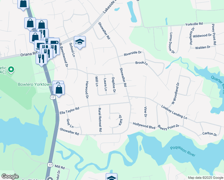 map of restaurants, bars, coffee shops, grocery stores, and more near 214 Daphne Drive in Yorktown