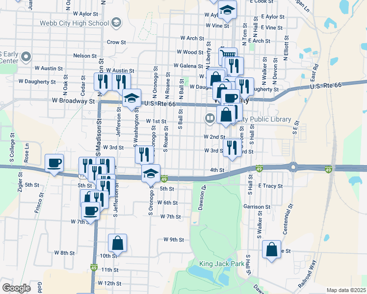 map of restaurants, bars, coffee shops, grocery stores, and more near 421 West 3rd Street in Webb City