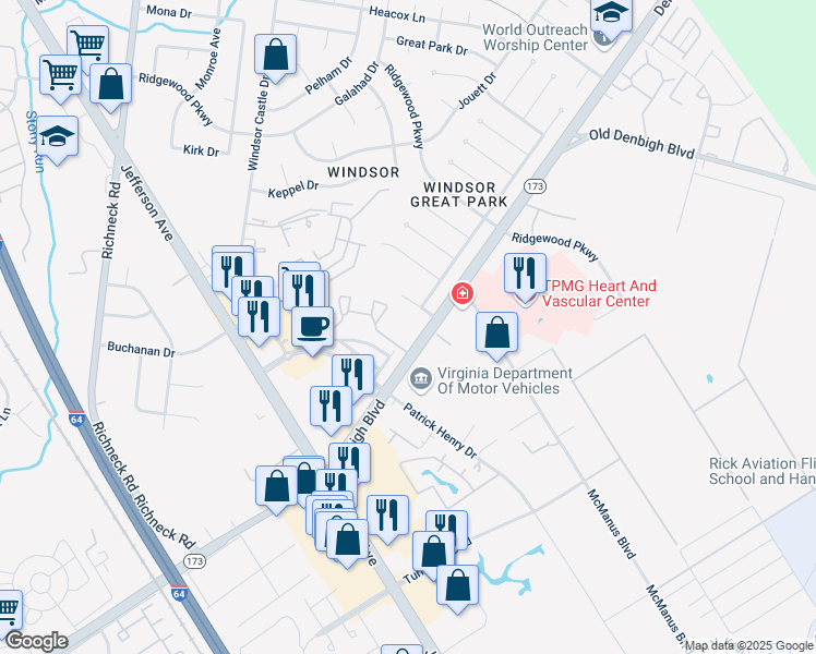 map of restaurants, bars, coffee shops, grocery stores, and more near in Newport News