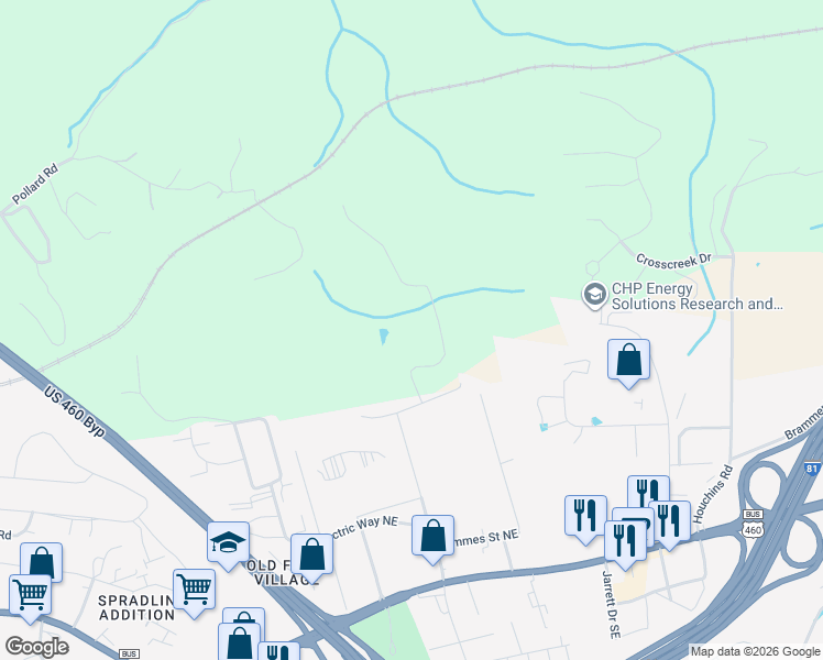 map of restaurants, bars, coffee shops, grocery stores, and more near 495 Simmons Road Northeast in Christiansburg