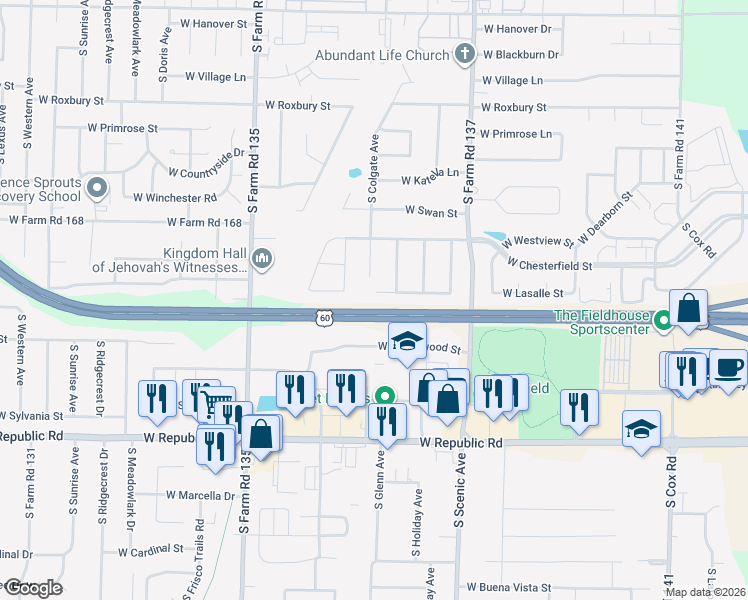 map of restaurants, bars, coffee shops, grocery stores, and more near 2858 West Lasalle Street in Springfield