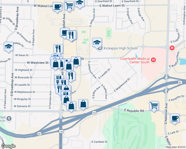 map of restaurants, bars, coffee shops, grocery stores, and more near 3850 South Jefferson Avenue in Springfield