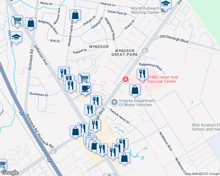 map of restaurants, bars, coffee shops, grocery stores, and more near 655 Denbigh Boulevard in Newport News