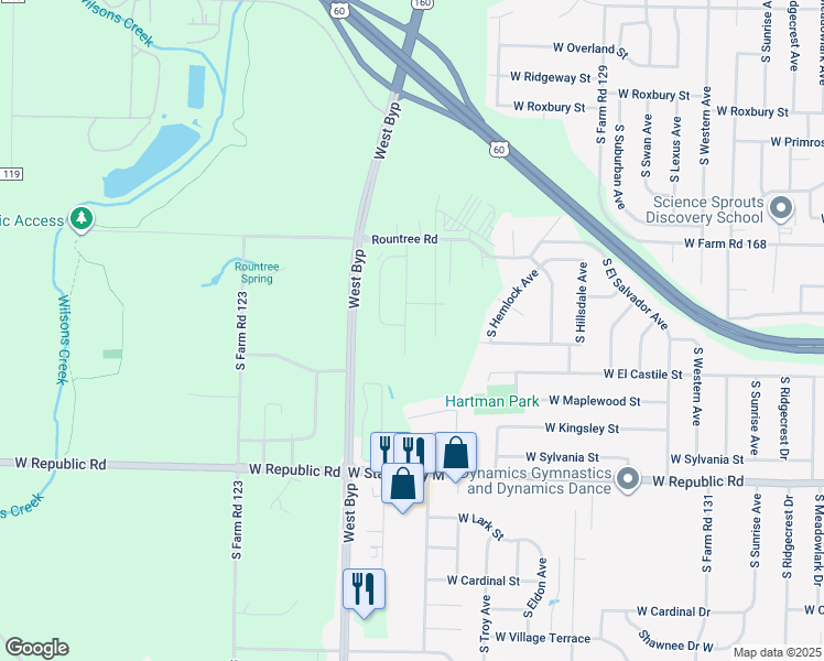map of restaurants, bars, coffee shops, grocery stores, and more near 3952 South Jonathan Avenue in Springfield