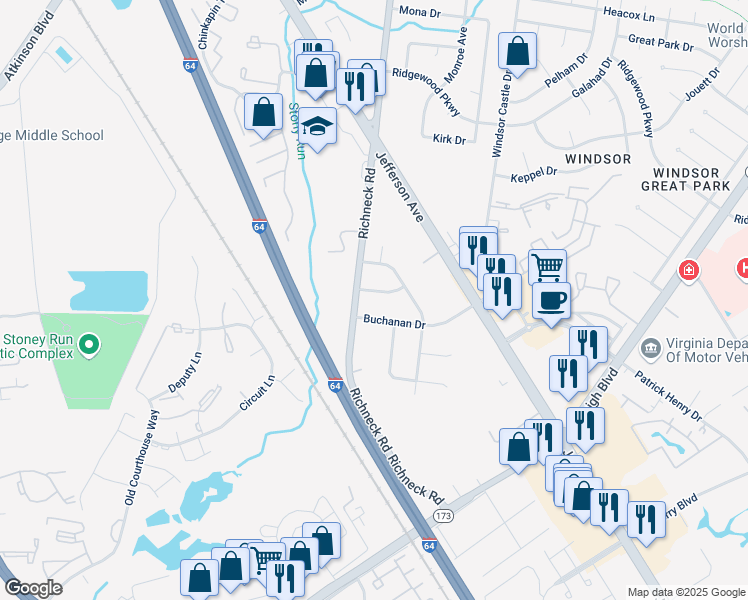 map of restaurants, bars, coffee shops, grocery stores, and more near 1 Buchanan Drive in Newport News
