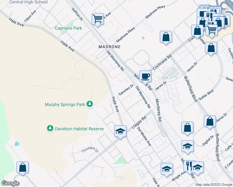 map of restaurants, bars, coffee shops, grocery stores, and more near 190 Sanchez Drive in Morgan Hill