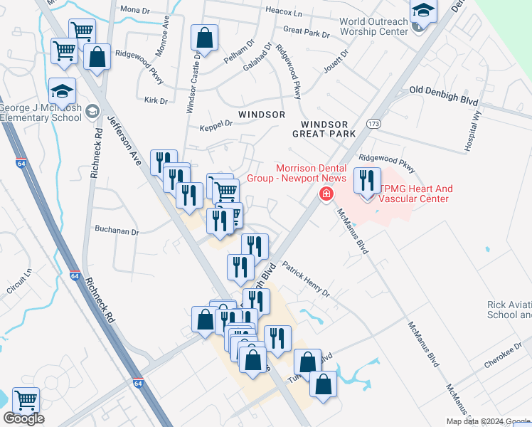 map of restaurants, bars, coffee shops, grocery stores, and more near 714 River Rock Way in Newport News