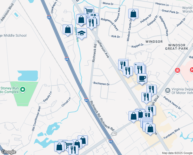 map of restaurants, bars, coffee shops, grocery stores, and more near 1 Buchanan Drive in Newport News