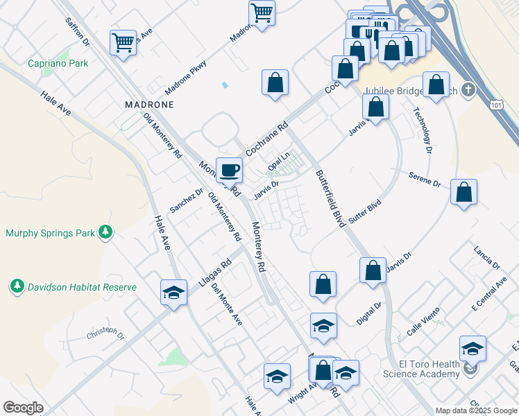 map of restaurants, bars, coffee shops, grocery stores, and more near 18315 Pasadas Lane in Morgan Hill
