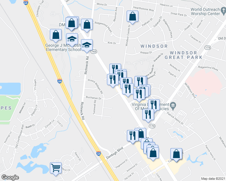 map of restaurants, bars, coffee shops, grocery stores, and more near 12835 Jefferson Avenue in Newport News