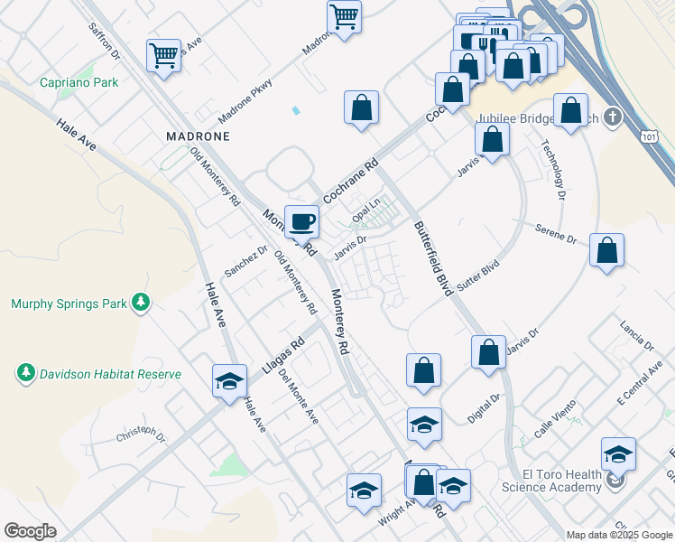 map of restaurants, bars, coffee shops, grocery stores, and more near 18311 Pasadas Lane in Morgan Hill