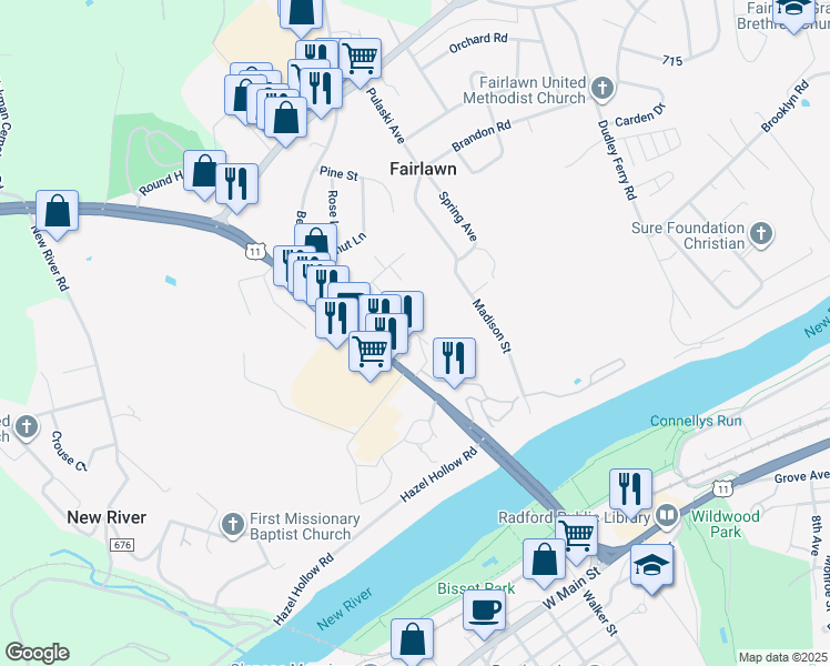 map of restaurants, bars, coffee shops, grocery stores, and more near 7459 Lee Highway in Fairlawn